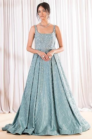 sea green crepe & net sequins embellished gown with belt