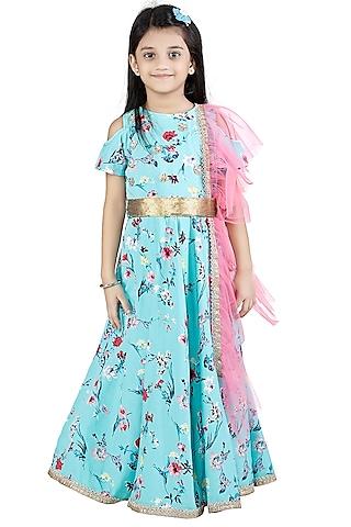sea green crepe gown with belt for girls