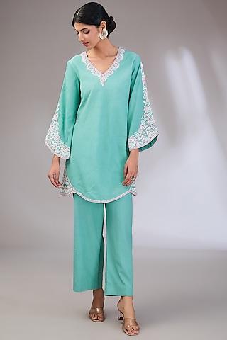 sea green crepe machine embroidered kurta set