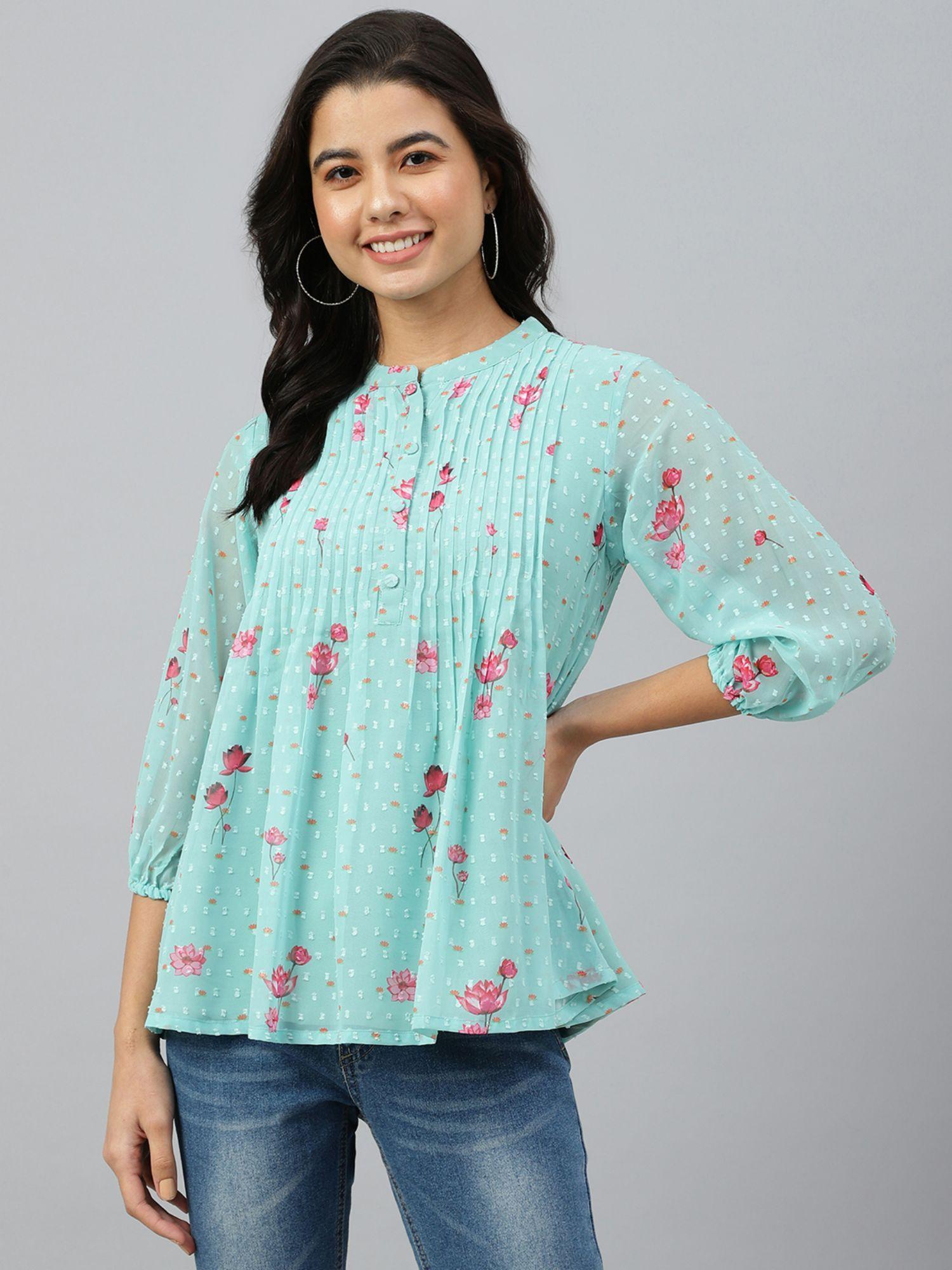 sea green dobby georgette floral print flared top