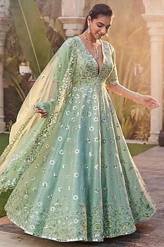 sea green dupion crepe embroidered anarkali set