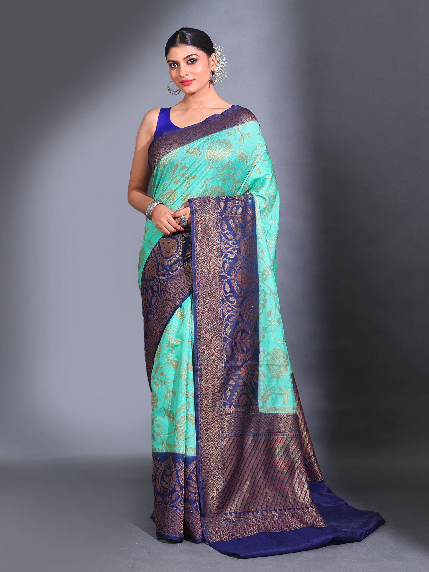 sea green dupion silk handwoven zari texture pattern saree with unstitched blouse