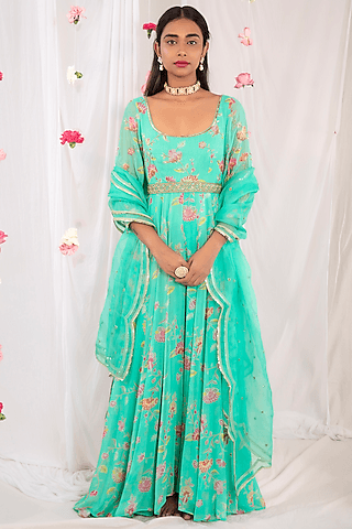 sea green embellished high-low anarkali set