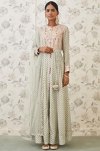 sea green embroidered & printed anarkali set