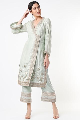 sea green embroidered angrakha kurta set