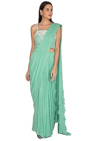 sea green embroidered draped saree set