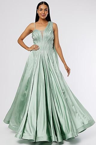 sea green embroidered flared gown