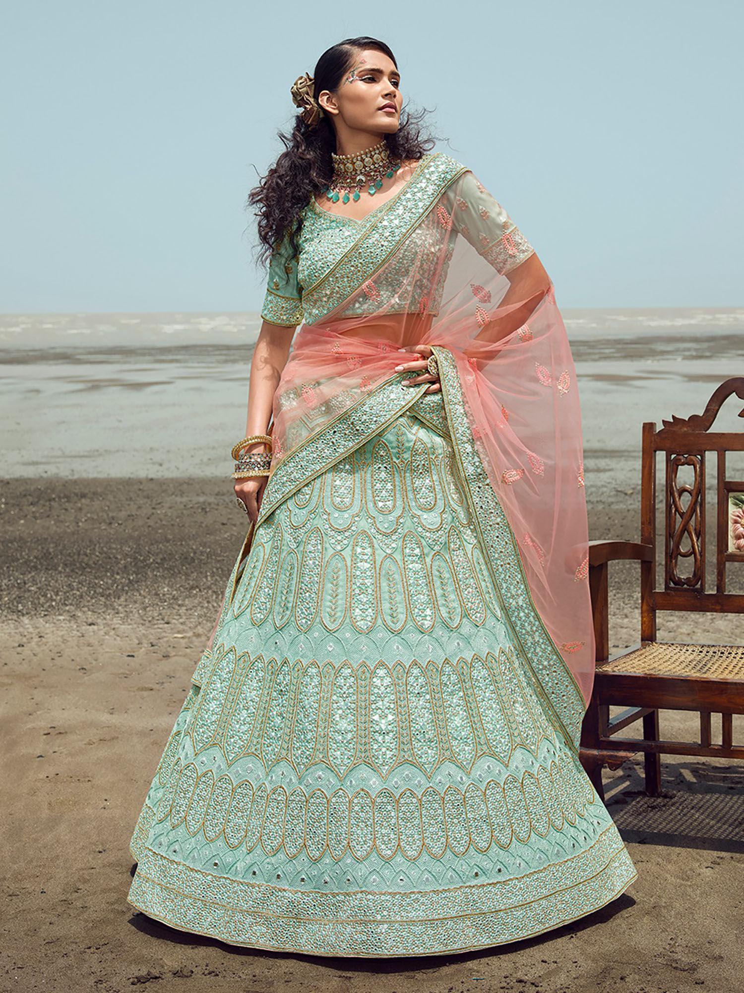 sea green embroidered georgette semi stitched lehenga with unstitched blouse (set of 3)