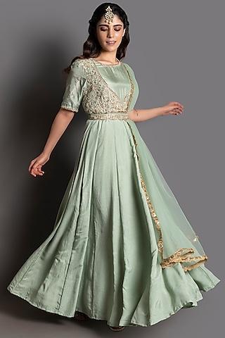 sea green embroidered gown with dupatta
