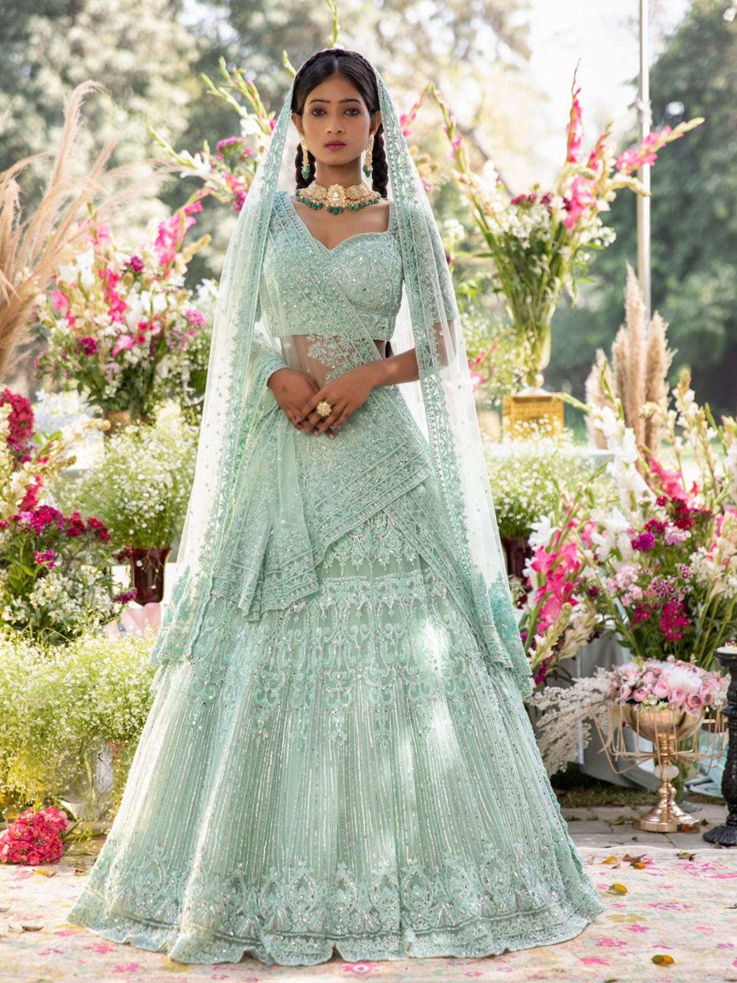 sea green embroidered lehenga with choli and 2 dupatta (set of 4)