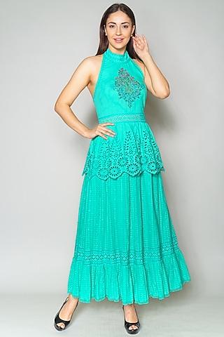 sea green embroidered ruffled dress