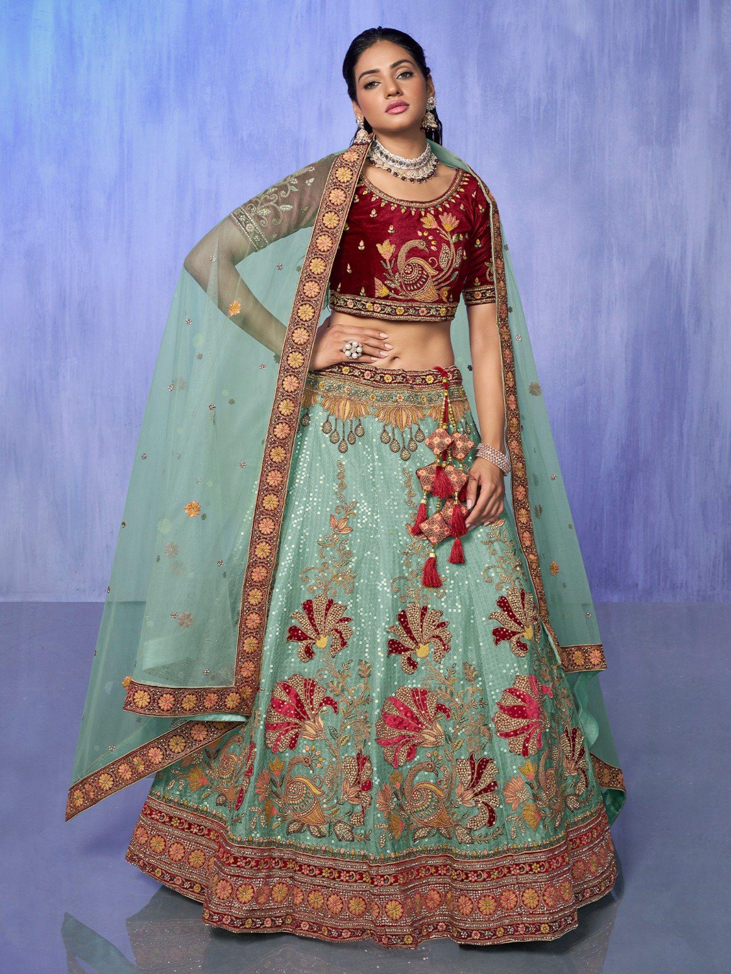 sea green embroidered semi stitched lehenga with blouse & dupatta (set of 3)