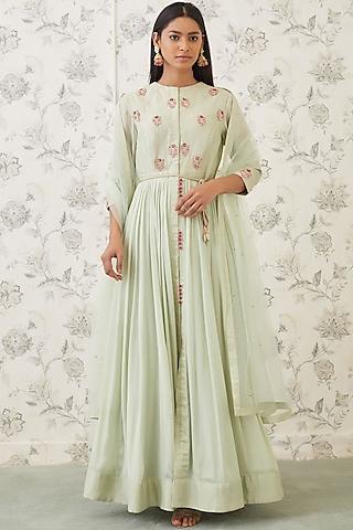 sea green embroidered striped anarkali set