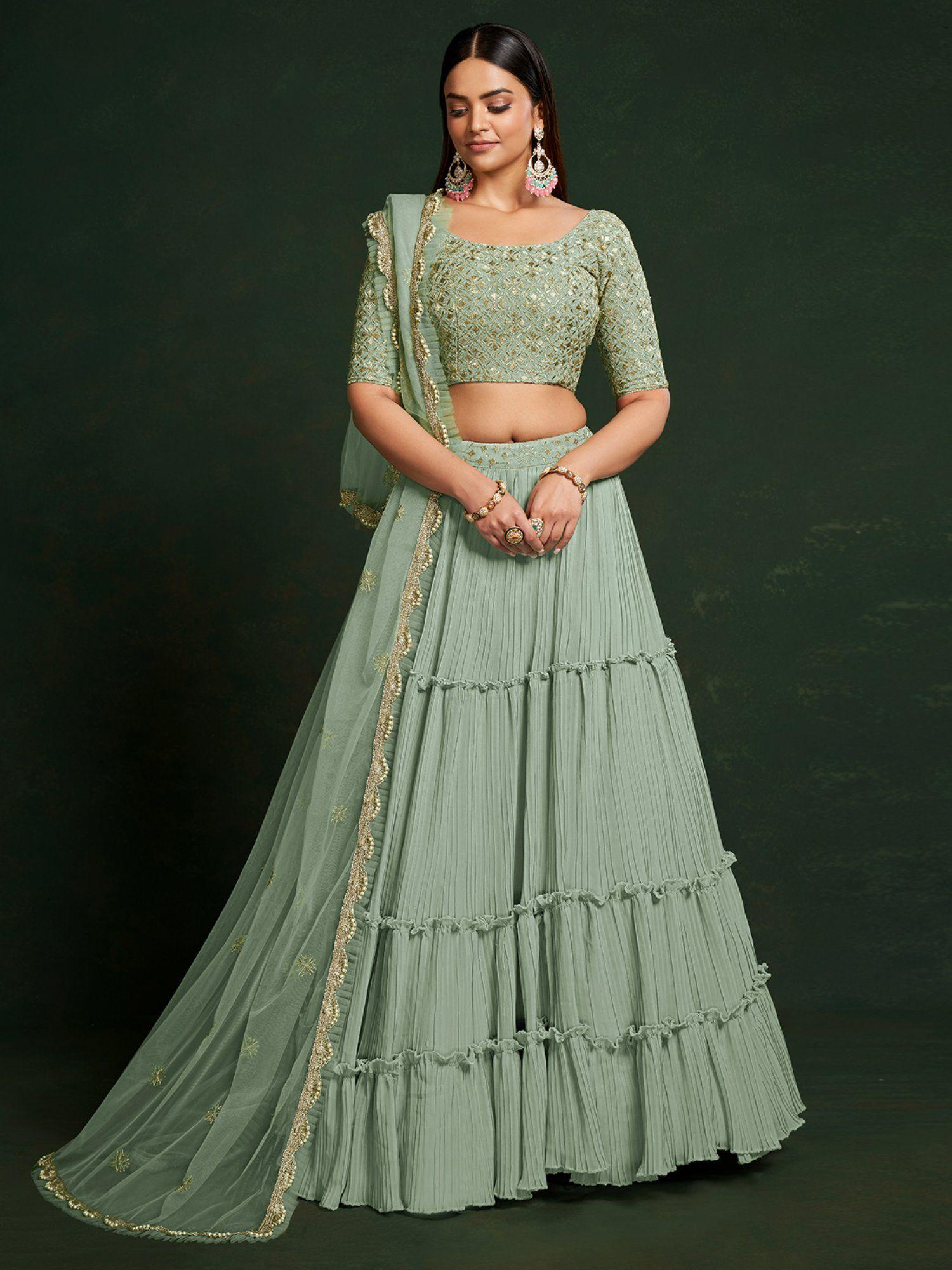 sea green faux georgette embroidered semi stitched lehenga choli (set of 3)