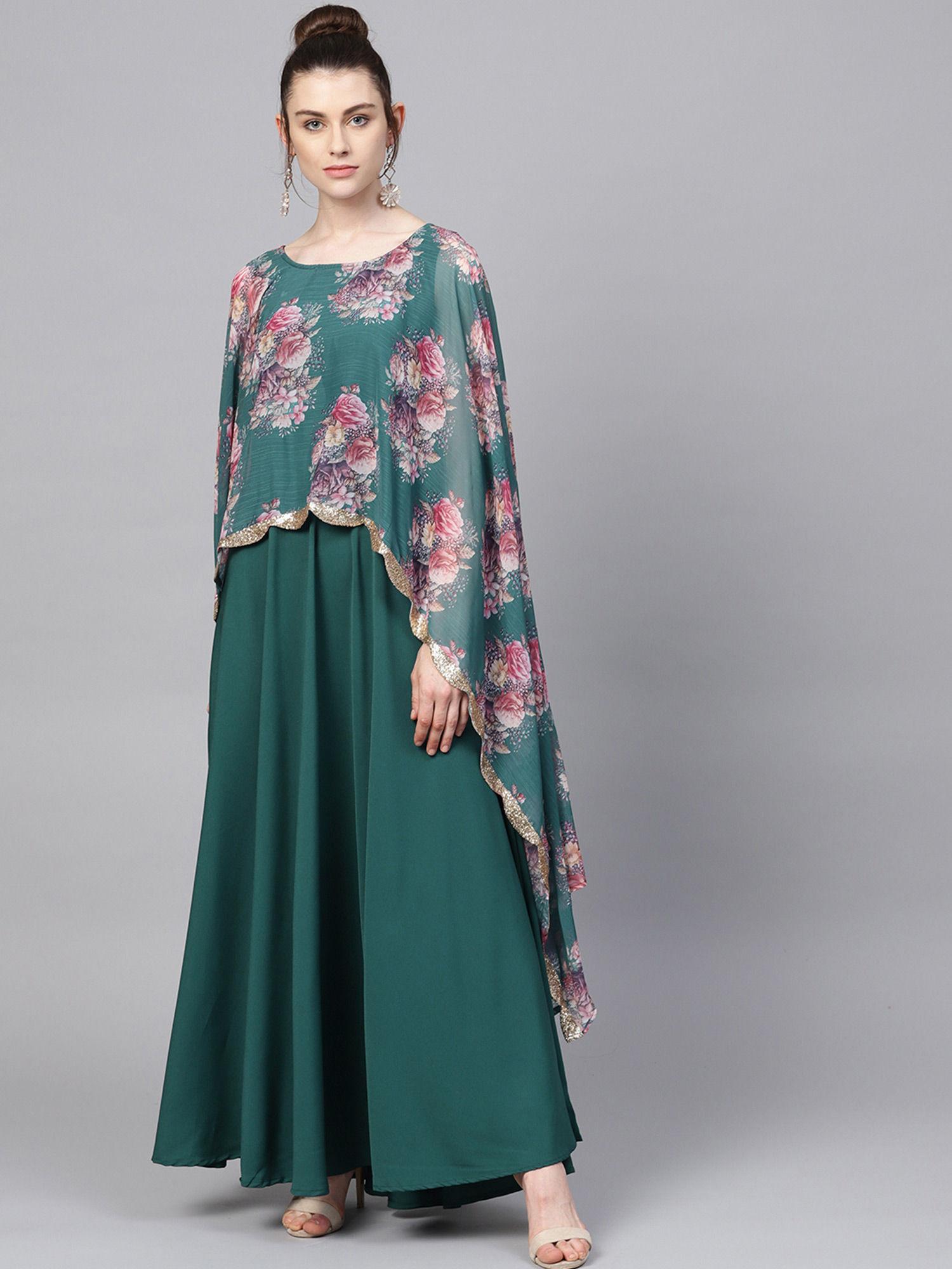 sea green floral cape style kurta dress