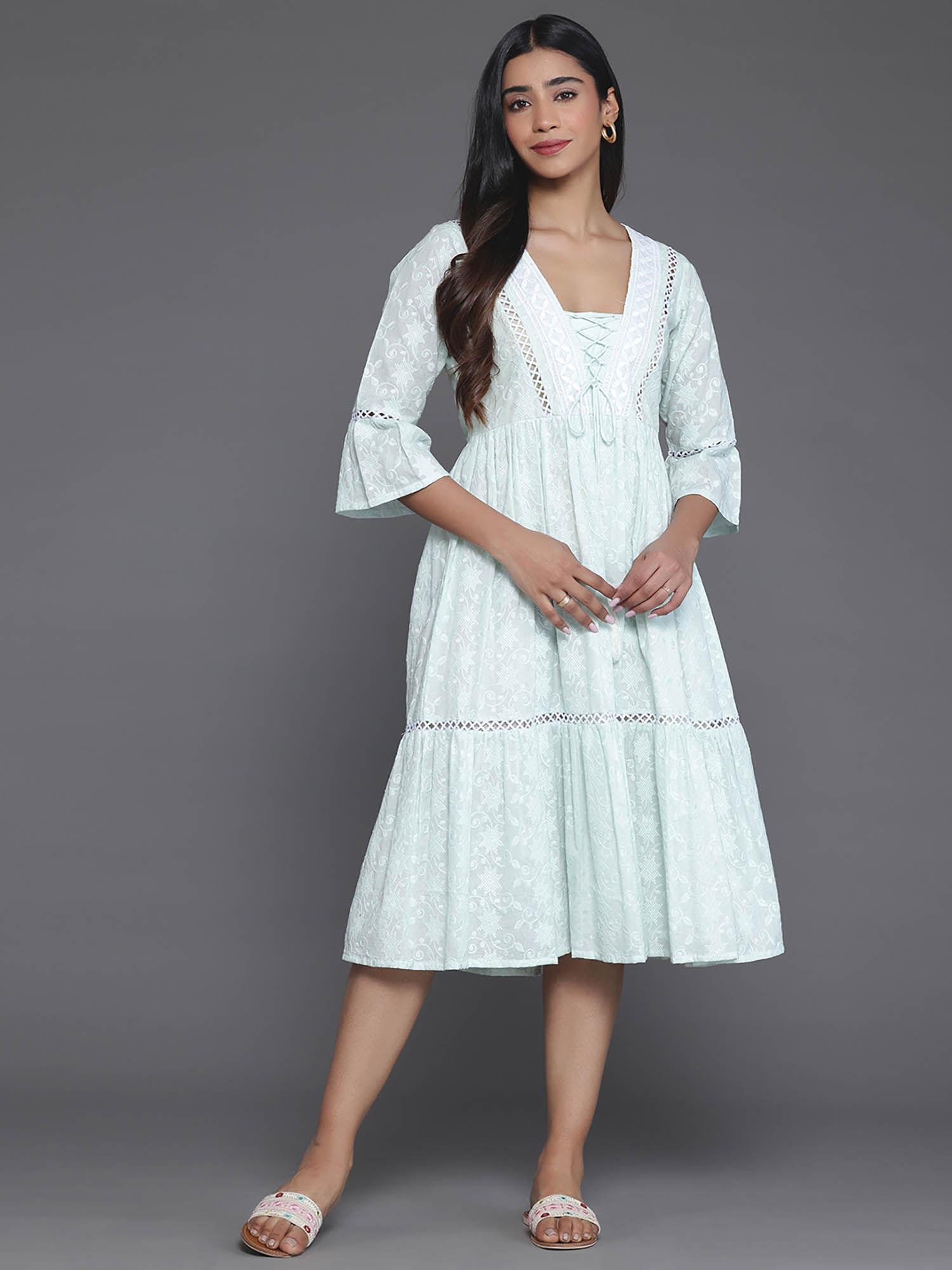 sea green floral cotton midi dress with lining & a panelled style with laces