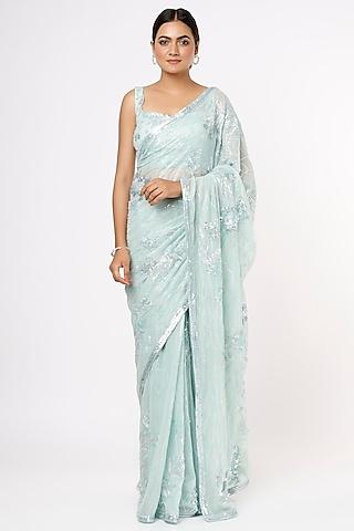 sea green floral embroidered saree set