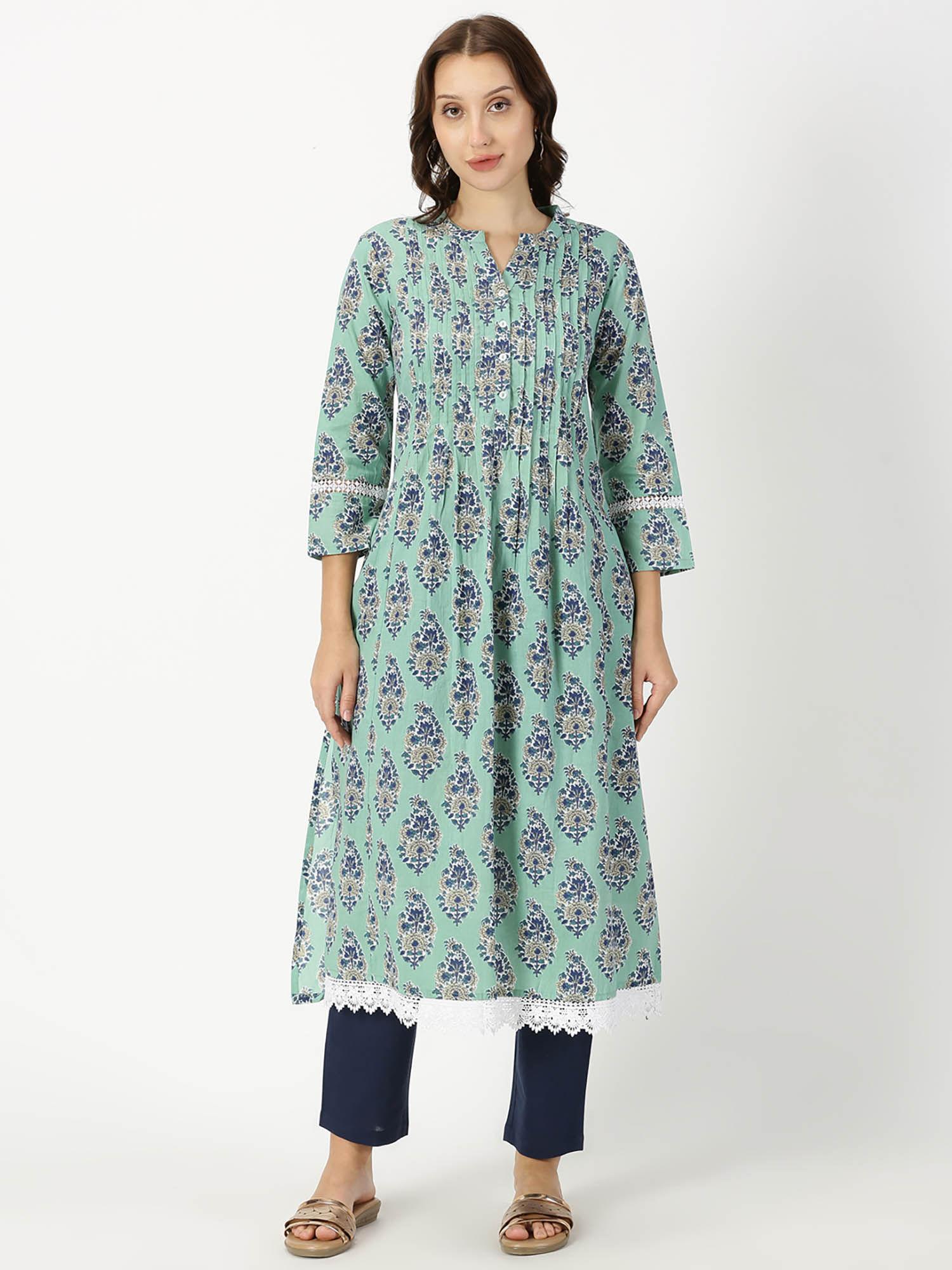 sea green floral print kurta with pintucks