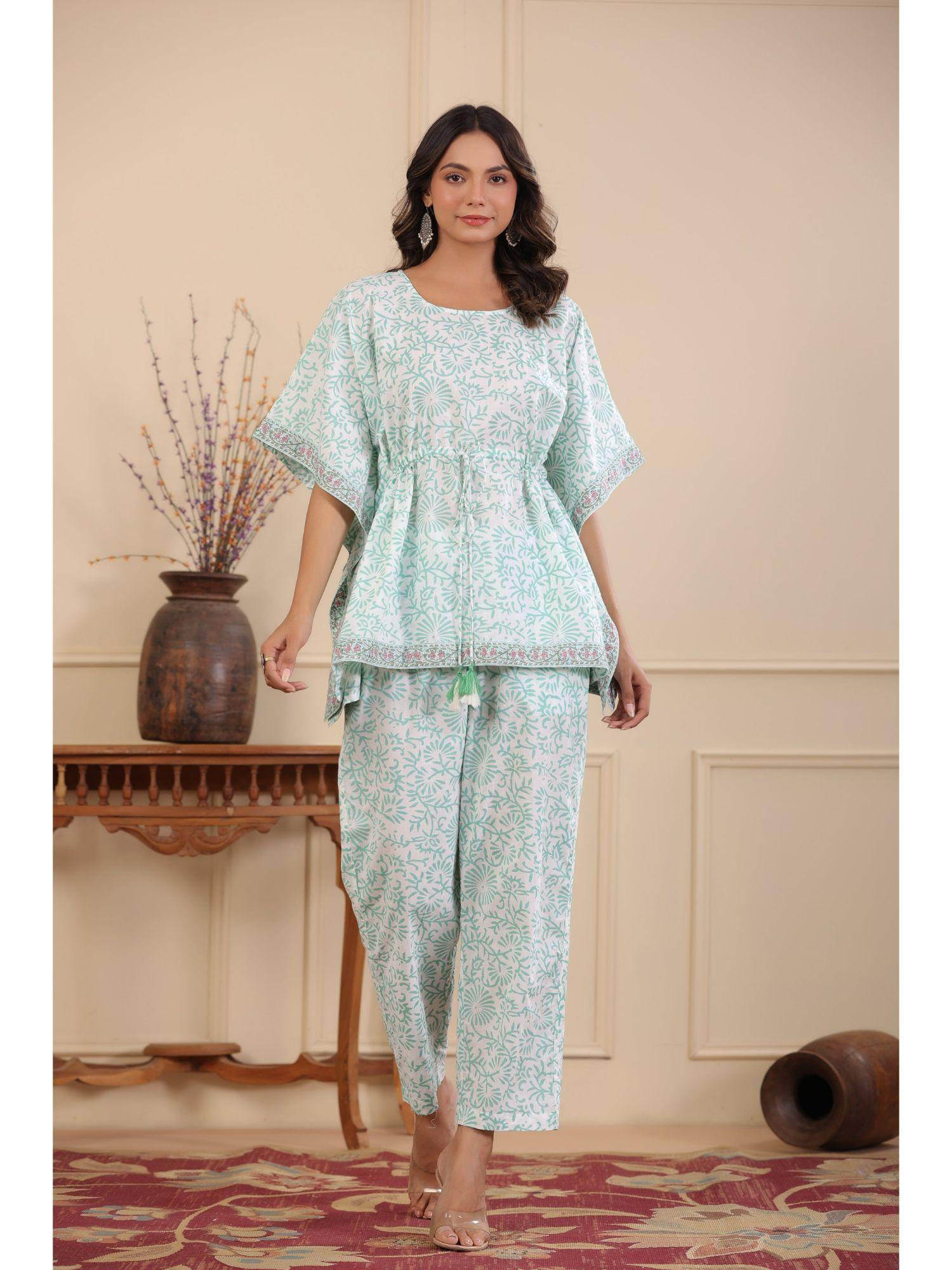 sea green floral printed pure cotton kaftan top with trousers (set of 2)