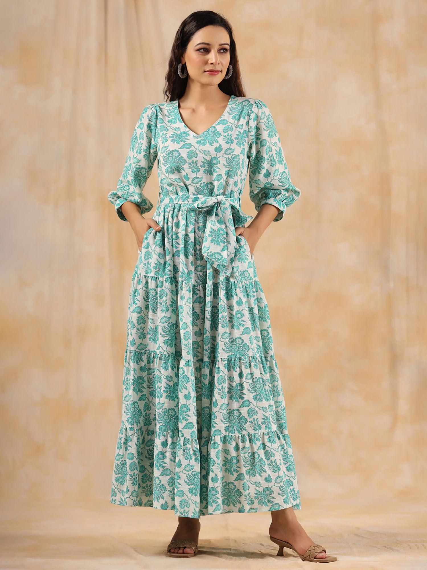 sea green floral printed tier cotton dress with belt (set of 2)