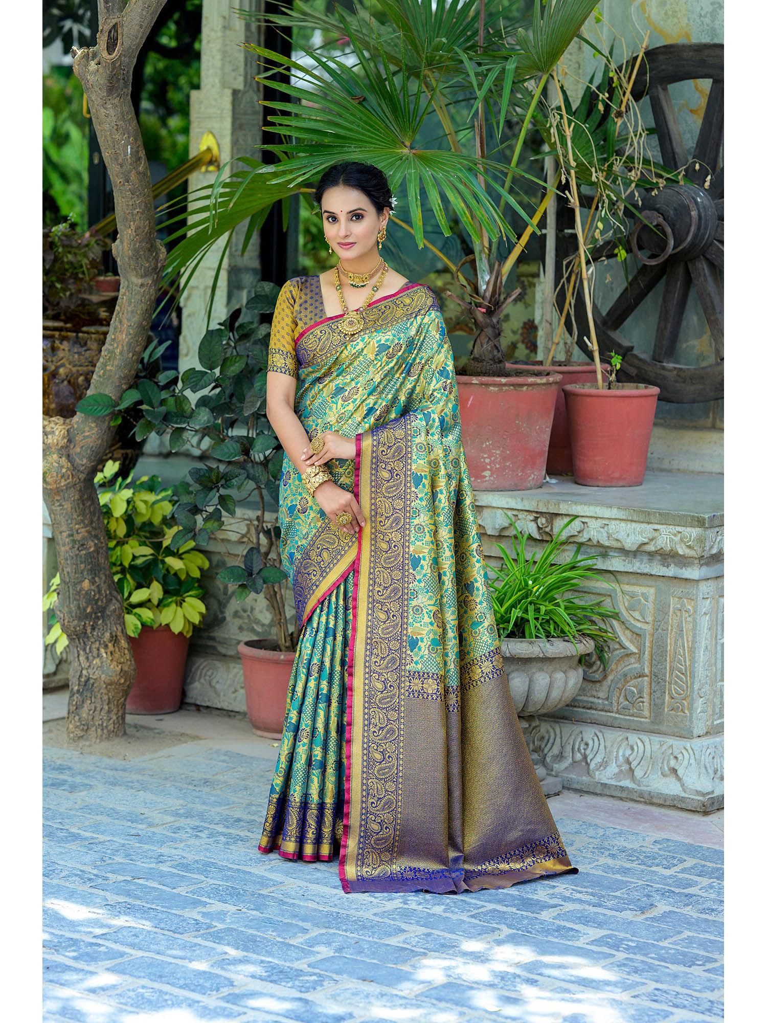 sea green floral zari woven kanchipuram silk saree with unstitched blouse