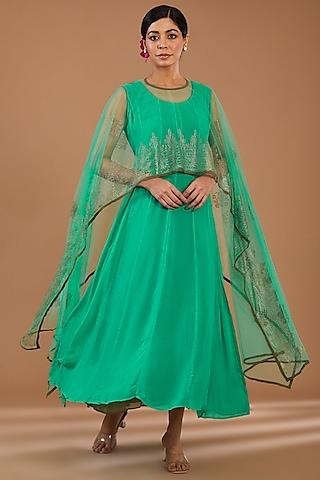 sea green georgette & net embellished layered cape dress