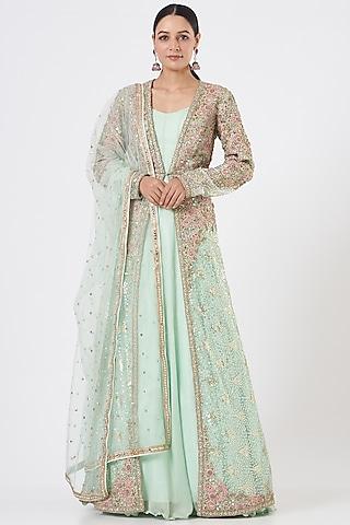 sea green georgette embroidered gown with jacket