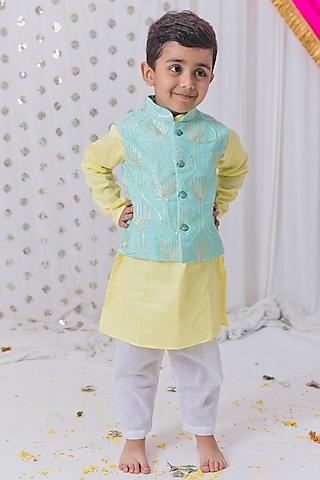 sea green georgette gota hand embroidered nehru jacket set for boys