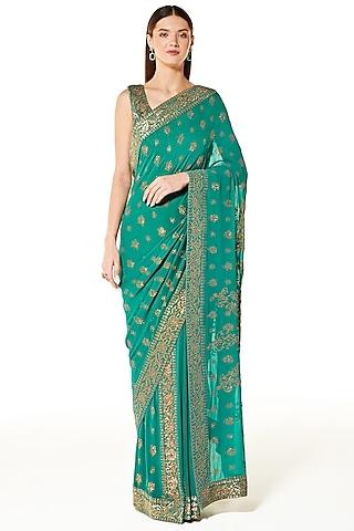 sea green georgette hand embroidered saree set