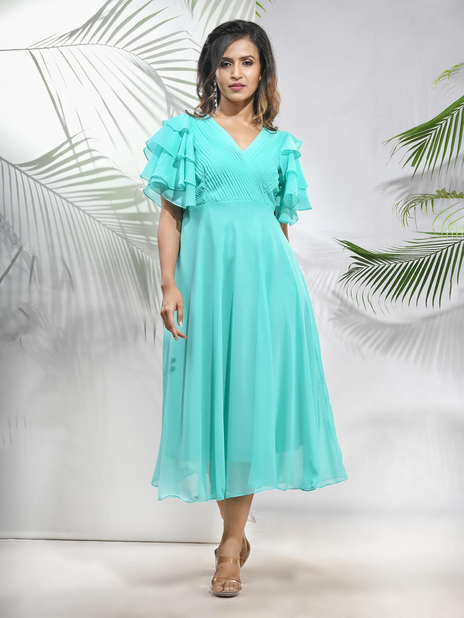 sea green georgette midi dress with ruffle sleeves