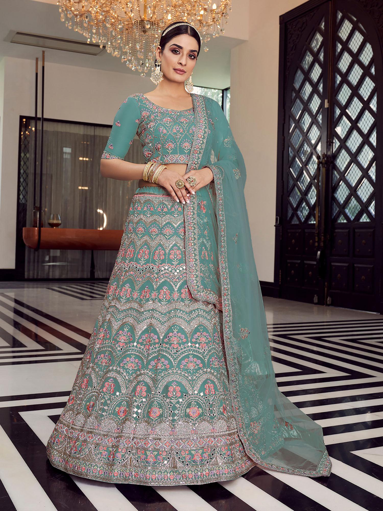 sea green georgette semi stitched lehenga with unstitched blouse (set of 3)