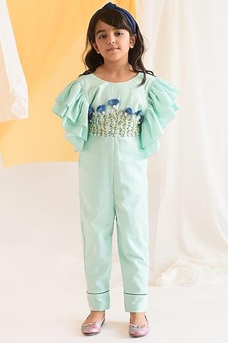 sea green hand embroidered jumpsuit for girls