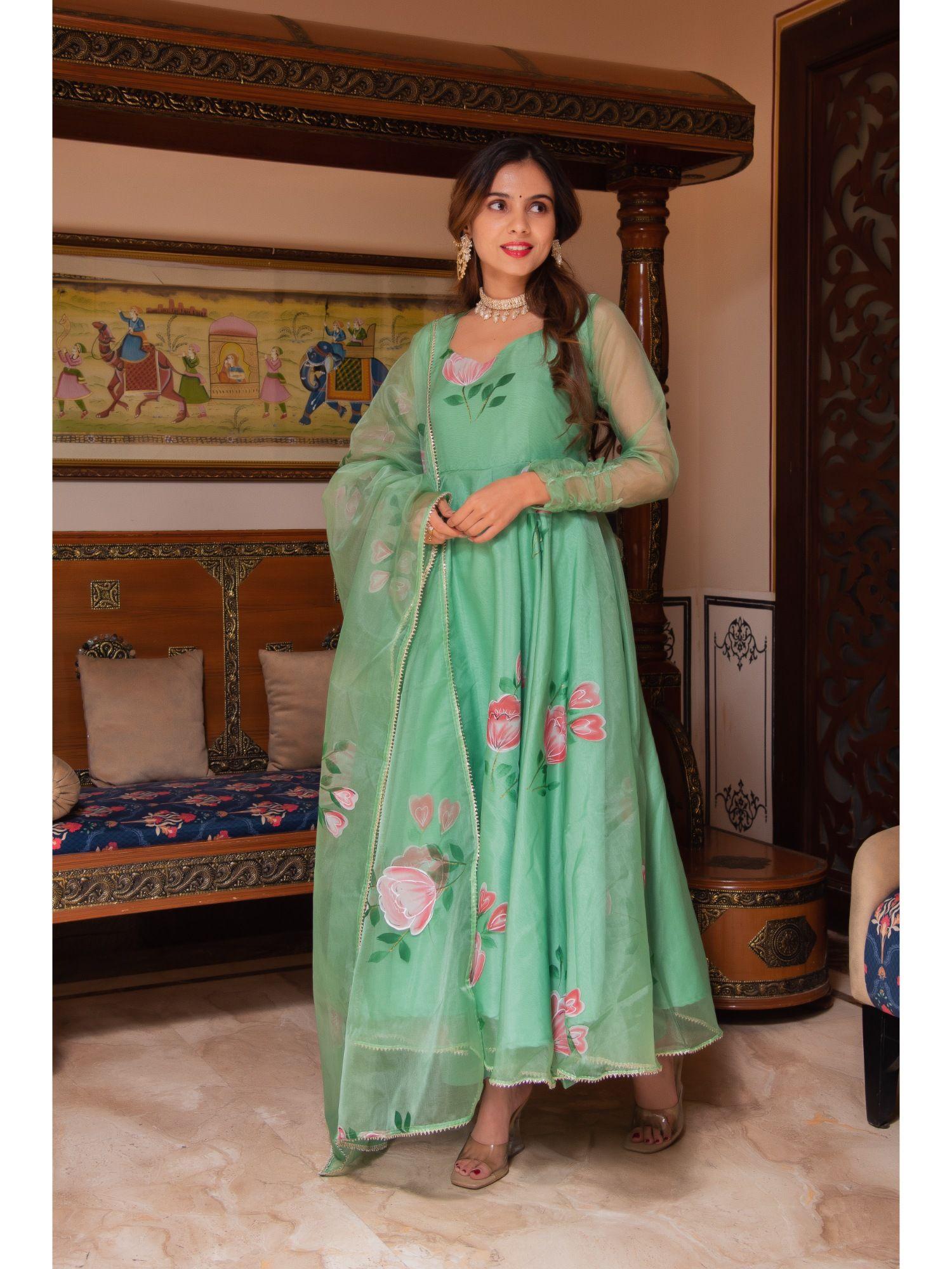 sea green handpainted gotapatti anarkali suit with pant and dupatta (set of 3)