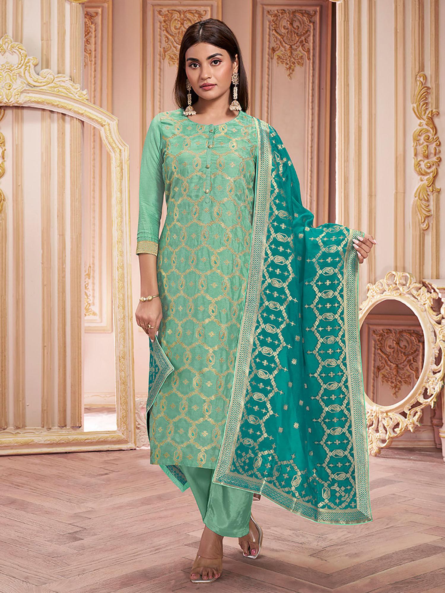 sea green jacquard kurta with trouser and dupatta (set of 3)