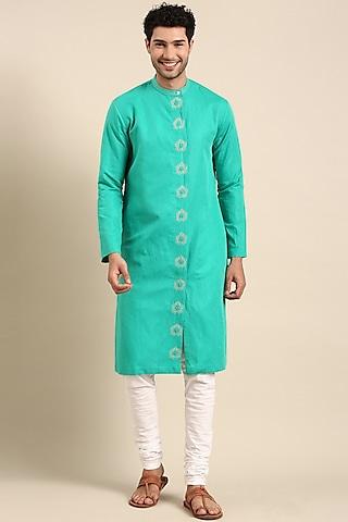 sea green linen embroidered kurta set