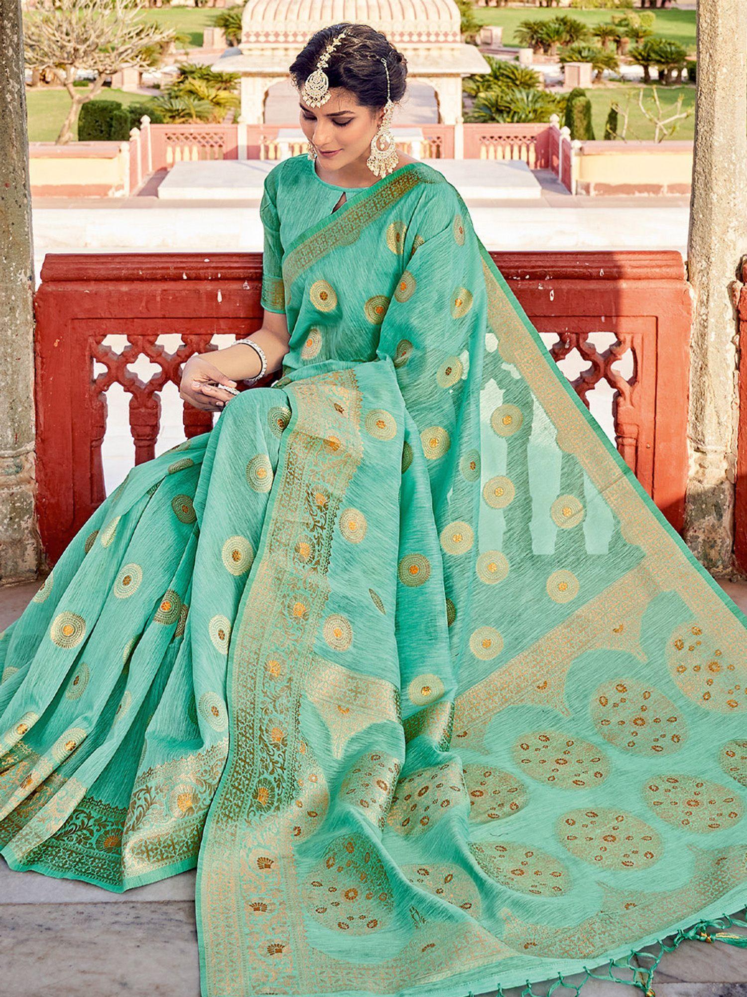 sea green linen saree with unstitched blouse