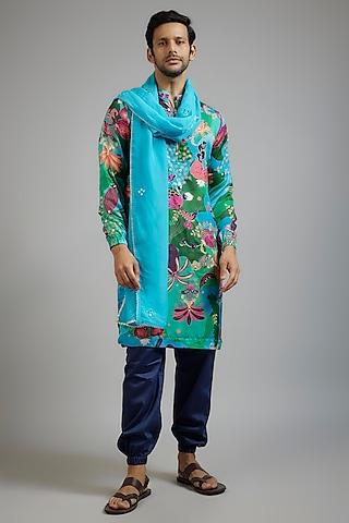 sea green modal silk floral printed & mirror embroidered kurta set