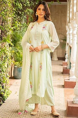 sea green mulmul & rayon embroidered kurta set