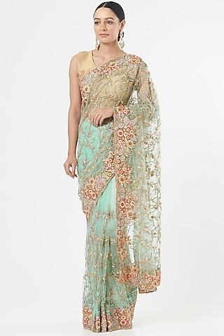 sea green net embroidered saree set