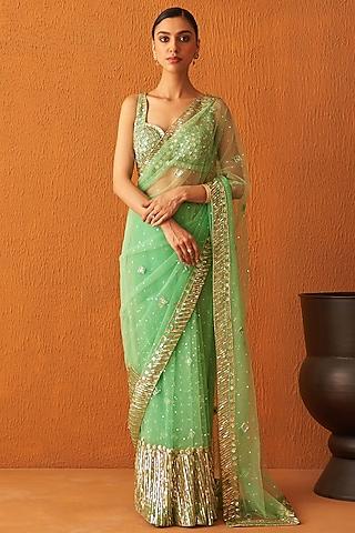 sea green net embroidered saree set