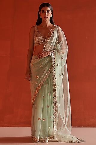 sea green net embroidered saree set