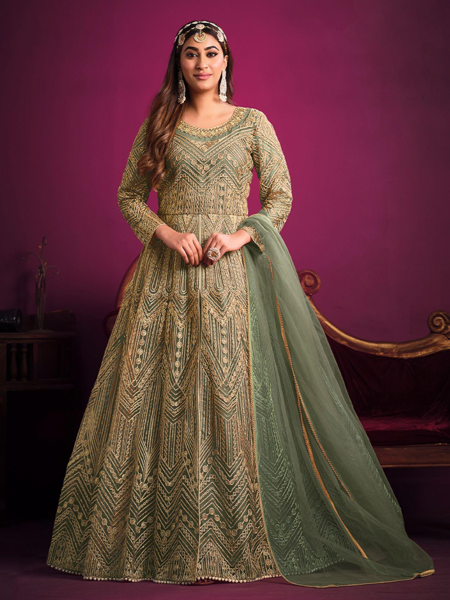 sea green net embroidered semi stitched anarkali (set of 3)