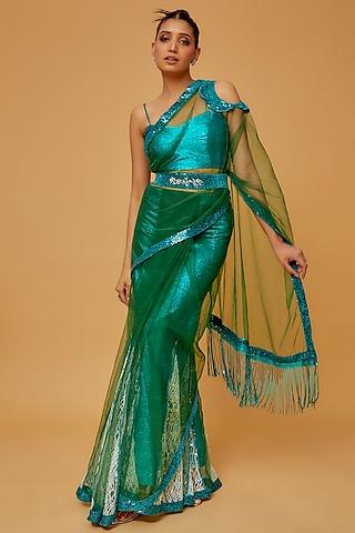 sea green net kalidar saree set