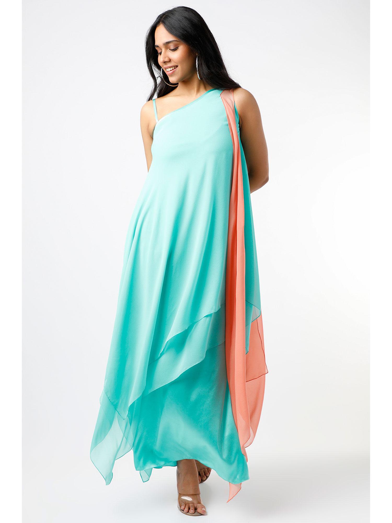 sea green one shoulder layered maxi dress