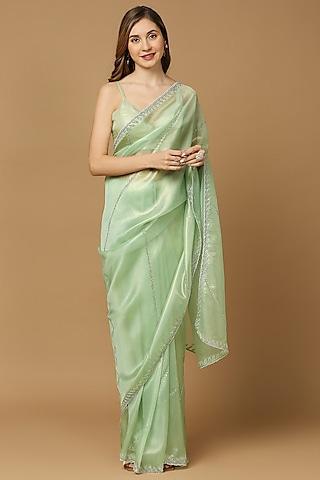 sea green organza cutdana embroidered saree set
