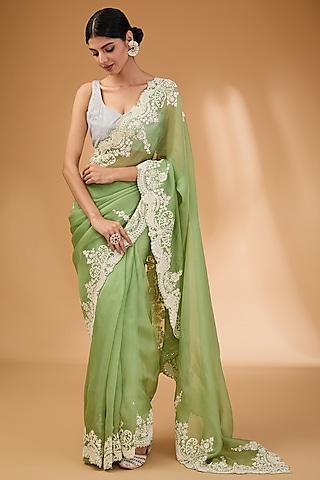 sea green organza pearl hand embroidered saree set