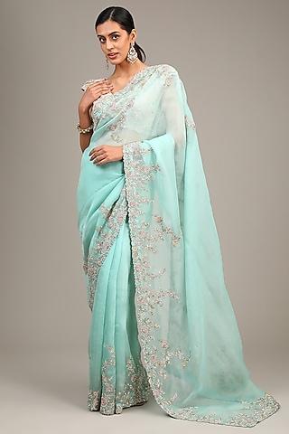 sea green organza resham & zardosi embroidered saree set