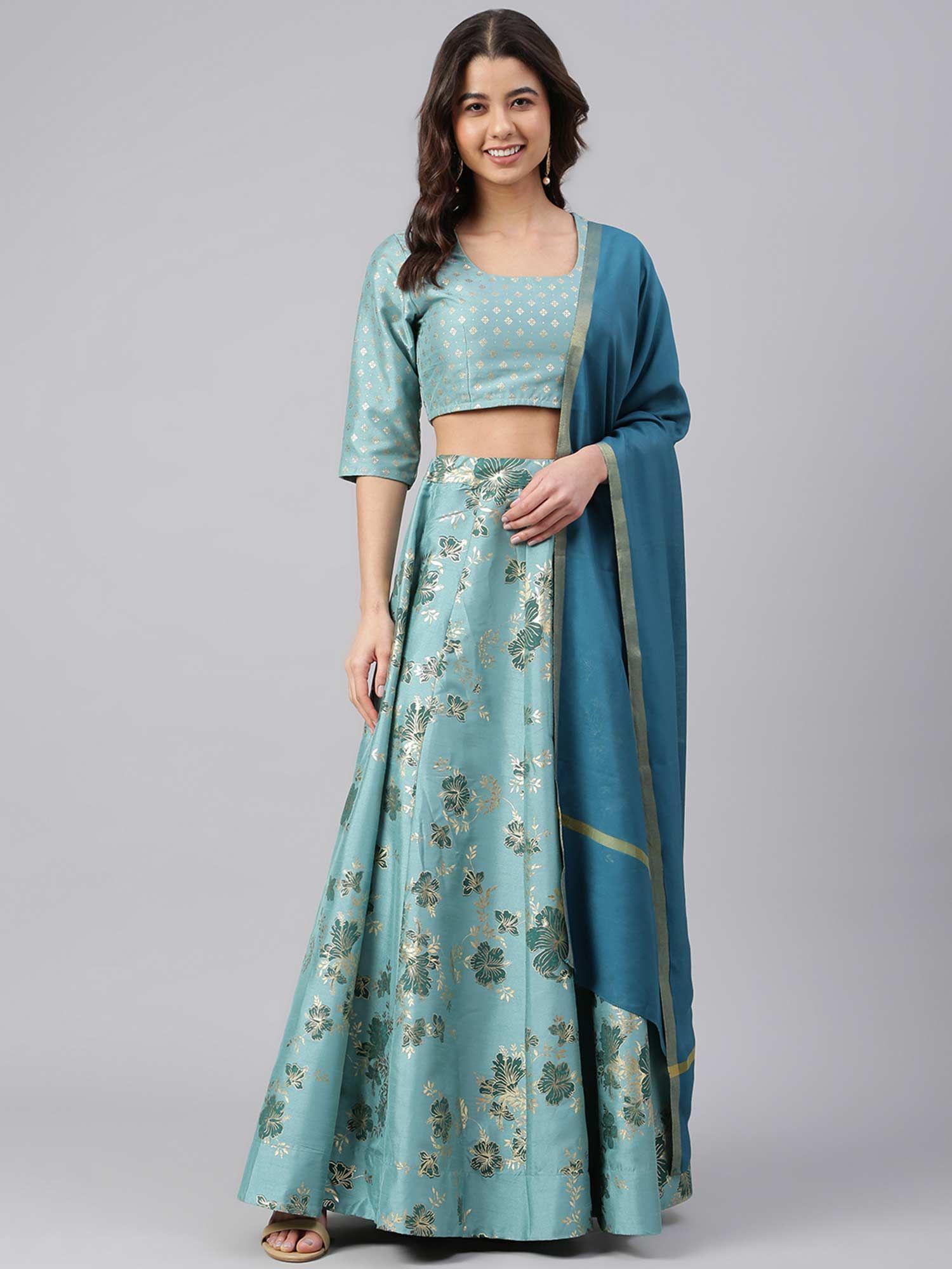 sea green poly silk gold print lehenga choli with dupatta