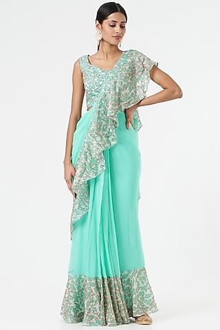 sea green printed & embellished saree set