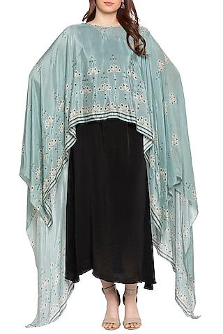 sea green printed cape with black maxi dress